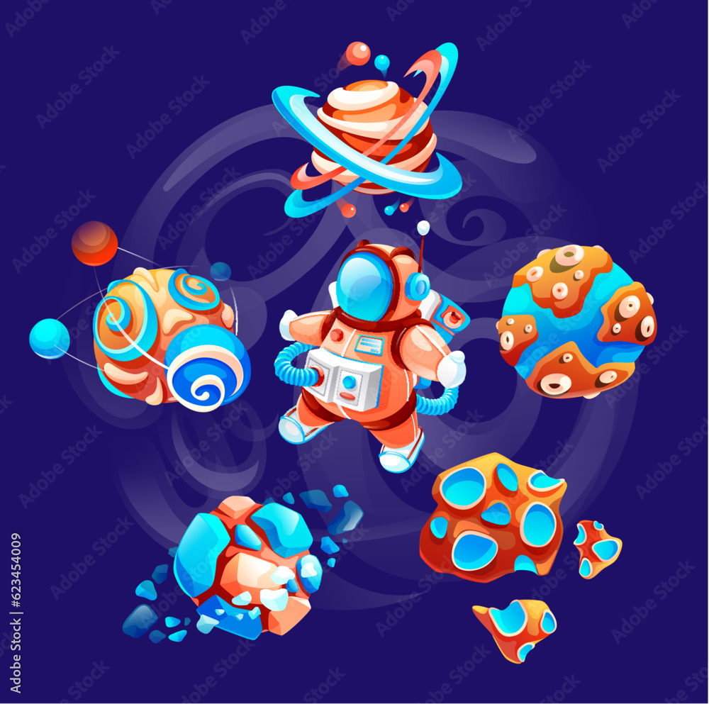 Cartoon space icons at dark cosmos background. Space elements with planets, cosmonaut, asteroid and satellite at galaxy background. Vector illustration of space icons for computer or phone game Cartoon space icons at dark cosmos background. Space elements with planets, cosmonaut, asteroid and satellite at galaxy background. Vector illustration of space icons for computer or phone game