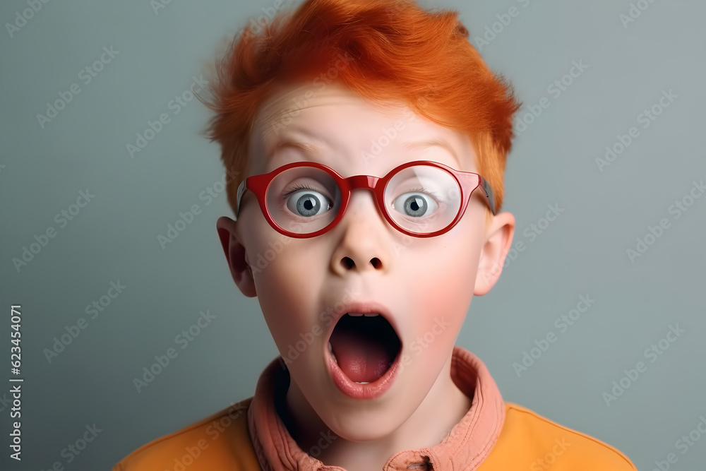 Surprised little boy. Surprised red hair boy in glasses holding his head in hands and looking at camera while isolated on white.