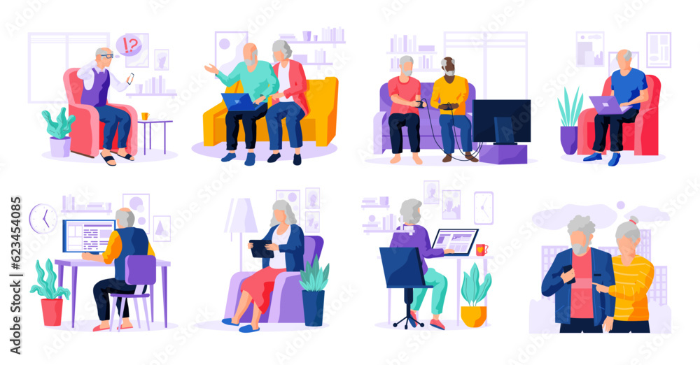 Set of modern senior people with different gadgets. Oldster education on computer. Old progressive people use modern technology. Learning to use PC. Elderly couple with gadgets. Vector illustration.