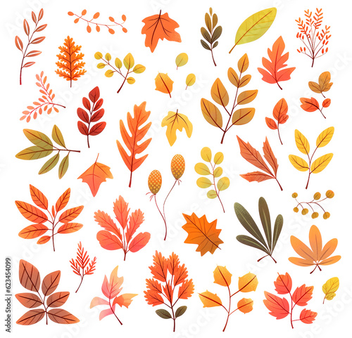 Colorful autumn leaves, collection of generative AI illustrations in cartoon style, illustrations isolated on white