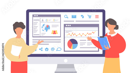 Man and woman point at web pages at computer. Coders or programmers show work statistic, analytics at website. Workers analysing information, searching, analysing charts, statistic of site using