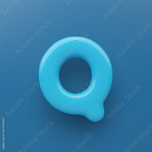 3D Blue uppercase letter Q with a glossy surface on a blue background .
