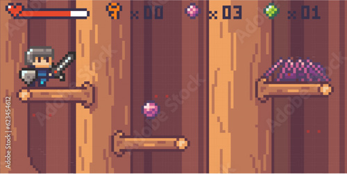 Pixel art style, character in game arcade play vector illustration. Man with sharp sword fighting against spider monster, retro gaming mode. Hero bravely fights with a big insect monster in a forest