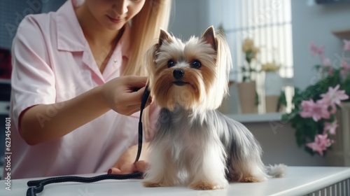 Professional groomer gives cute little dog trandy haircut at zoo salon. Dog grooming, care for your pet. Grooming training, close up view, ai generative image
