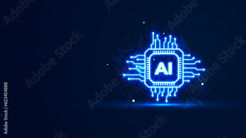 Futuristic artificial intelligence concept in the neon light style. Digital technology background. Glowing AI chipset processor with plexus lines and glitter particles.