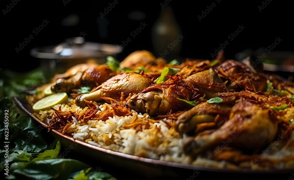 Delicious Chicken Biryani: Indulge in a close-up of a mouthwatering feast served on a traditional banana leaf. 