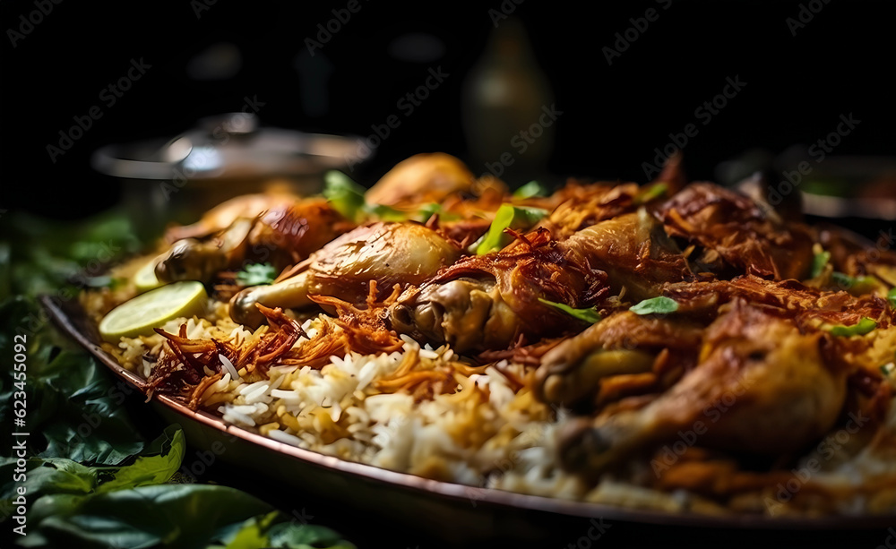 Delicious Chicken Biryani: Indulge in a close-up of a mouthwatering feast served on a traditional banana leaf. Delicious Chicken Biryani: Indulge in a close-up of a mouthwatering feast served on a traditional banana leaf.