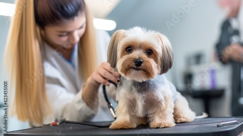 Professional groomer gives cute little dog trendy haircut at zoo salon. Dog grooming