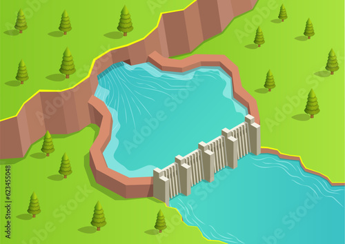 Isometric river with dam