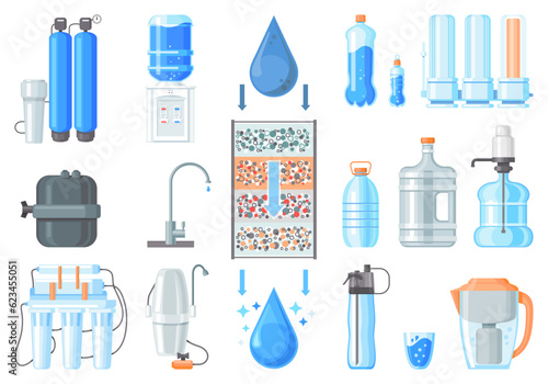 Water containers and filters isolated. Water purification equipment, cartridge, filters and cleaning systems. Waste water treatment collection in flat style. Bottle, cooler, tap and pump vector icons