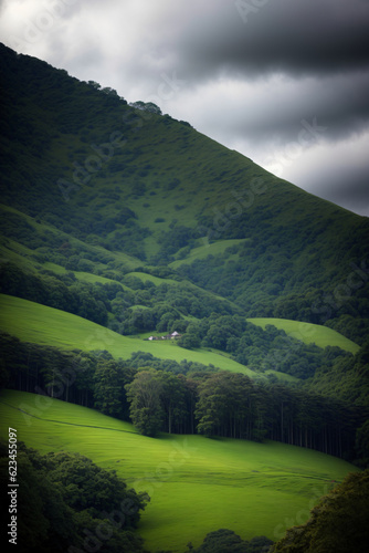 A Lush Green Hillside Covered In Trees Under A Cloudy Sky