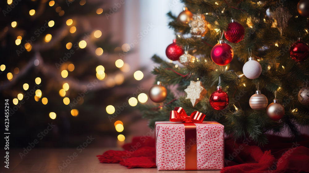 Christmas themed material with presents and a beautiful Christmas tree at home Christmas themed material with presents and a beautiful Christmas tree at home