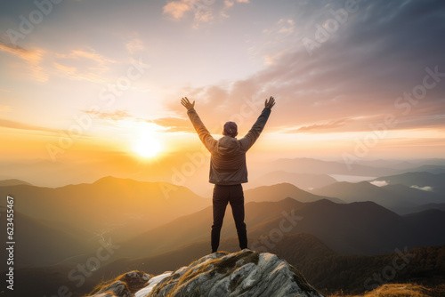 A man stands on top of a mountain and looks into the distance at sunset  concept image of success