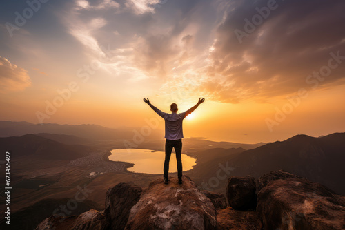 A man stands on top of a mountain and looks into the distance at sunset, concept image of success