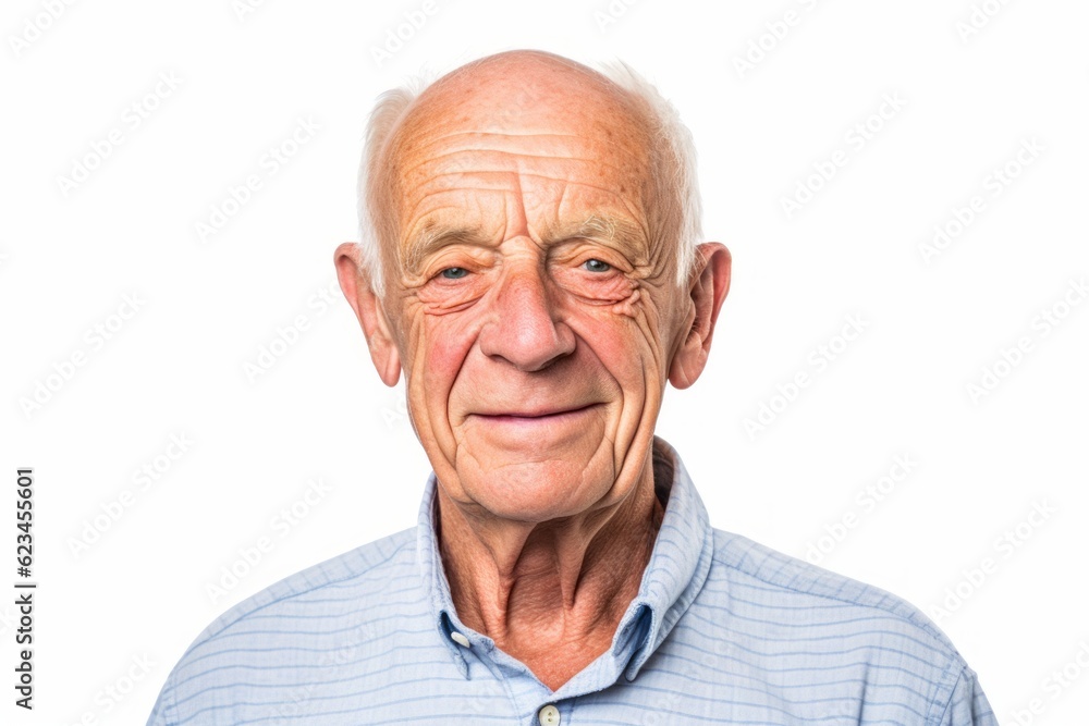 Environmental portrait photography of a grinning old man wearing a casual short-sleeve shirt against a white background. With generative AI technology Environmental portrait photography of a grinning old man wearing a casual short-sleeve shirt against a white background. With generative AI technology