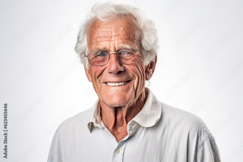 Environmental portrait photography of a grinning old man wearing a casual short-sleeve shirt against a white background. With generative AI technology Environmental portrait photography of a grinning old man wearing a casual short-sleeve shirt against a white background. With generative AI technology