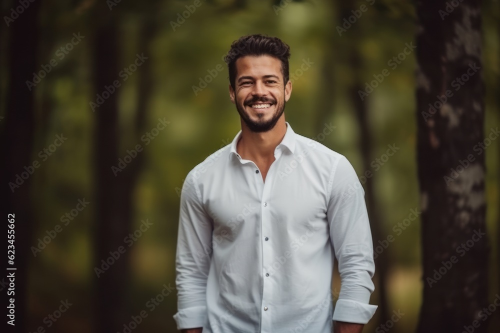 Medium shot portrait photography of a happy boy in his 30s wearing an elegant long-sleeve shirt against a forest background. With generative AI technology Medium shot portrait photography of a happy boy in his 30s wearing an elegant long-sleeve shirt against a forest background. With generative AI technology