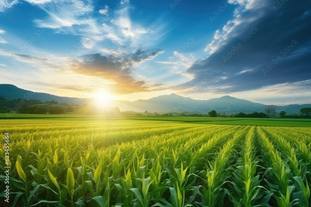 Green farm field at evening sunset Green farm field at evening sunset