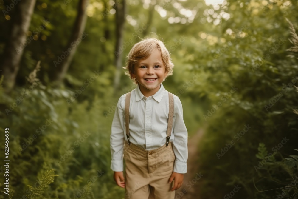 Medium shot portrait photography of a joyful boy in his 30s wearing a chic jumpsuit against a forest background. With generative AI technology Medium shot portrait photography of a joyful boy in his 30s wearing a chic jumpsuit against a forest background. With generative AI technology