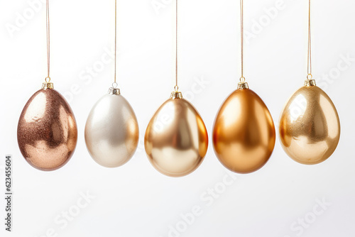 Several golden decorative balls hang from the bottom of a rope in front of a white background