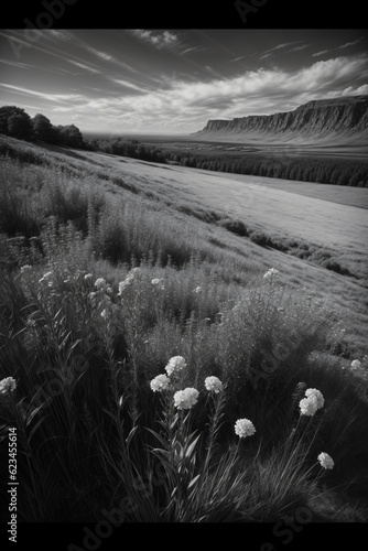 A Black And White Photo Of Flowers In A Field photo