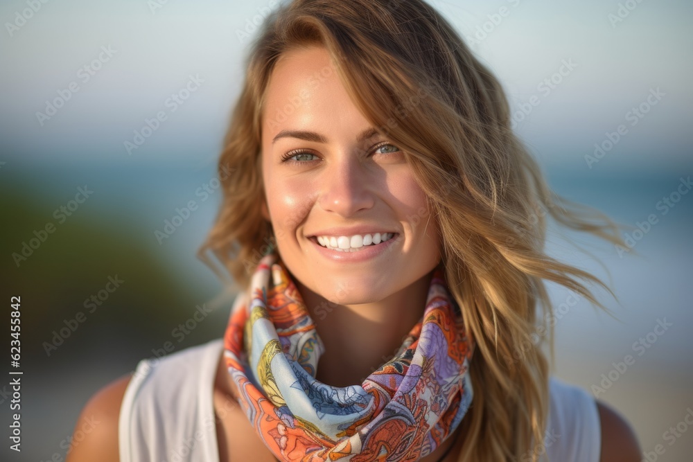 Close-up portrait photography of a grinning girl in her 30s wearing a colorful neckerchief against a beach background. With generative AI technology Close-up portrait photography of a grinning girl in her 30s wearing a colorful neckerchief against a beach background. With generative AI technology