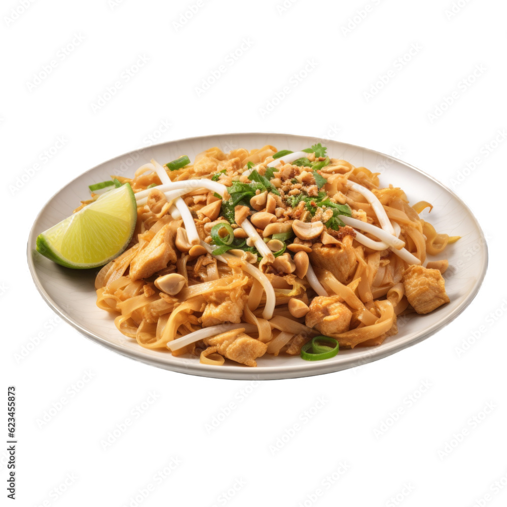 Chicken Pad Thai isolated on transparent background. Generative AI