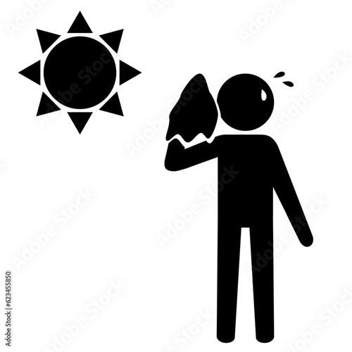 水分補給アイコン　太陽入りタオルで汗を拭く人のアイコン。熱中症、猛暑日のコンセプト。
