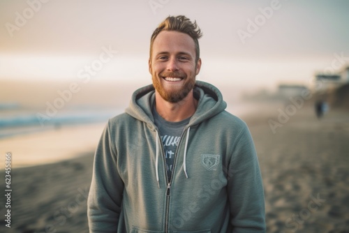 Eclectic portrait photography of a happy boy in his 30s wearing a cozy zip-up hoodie against a beach background. With generative AI technology