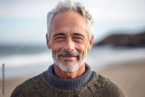 Close-up portrait photography of a satisfied mature man wearing a cozy sweater against a beach background. With generative AI technology