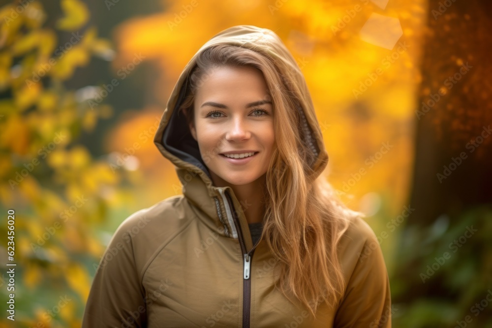 Sports portrait photography of a satisfied girl in her 30s wearing a stylish hoodie against an autumn foliage background. With generative AI technology Sports portrait photography of a satisfied girl in her 30s wearing a stylish hoodie against an autumn foliage background. With generative AI technology
