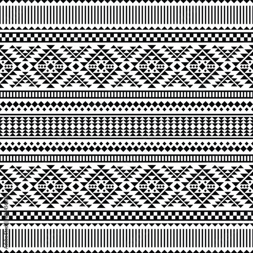 Abstract ethnic geometric background design for textile. Seamless pattern of Aztec tribal. Black and white colors.