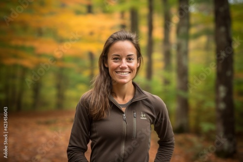 Environmental portrait photography of a happy girl in her 30s wearing a sporty polo shirt against an autumn foliage background. With generative AI technology