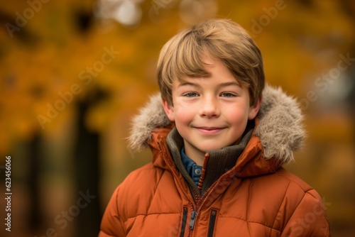 Wallpaper Mural Sports portrait photography of a grinning boy in his 30s wearing a cozy winter coat against an autumn foliage background. With generative AI technology Torontodigital.ca