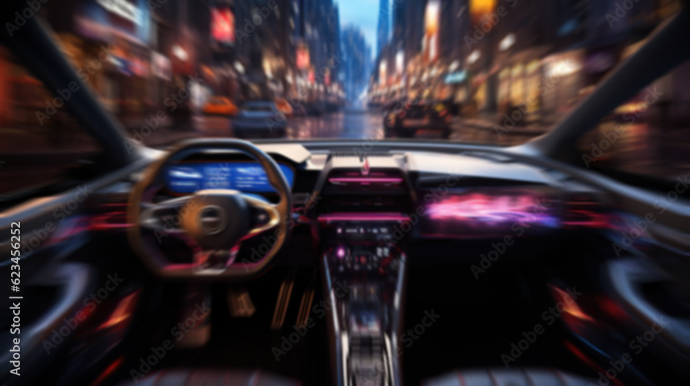 self-driving car with artificial intelligence running in New York city at night in the future. created with generative AI technology