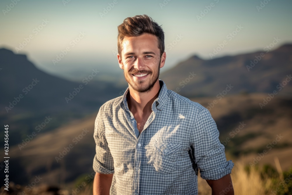Eclectic portrait photography of a satisfied boy in his 30s wearing a casual short-sleeve shirt against a mountain range background. With generative AI technology