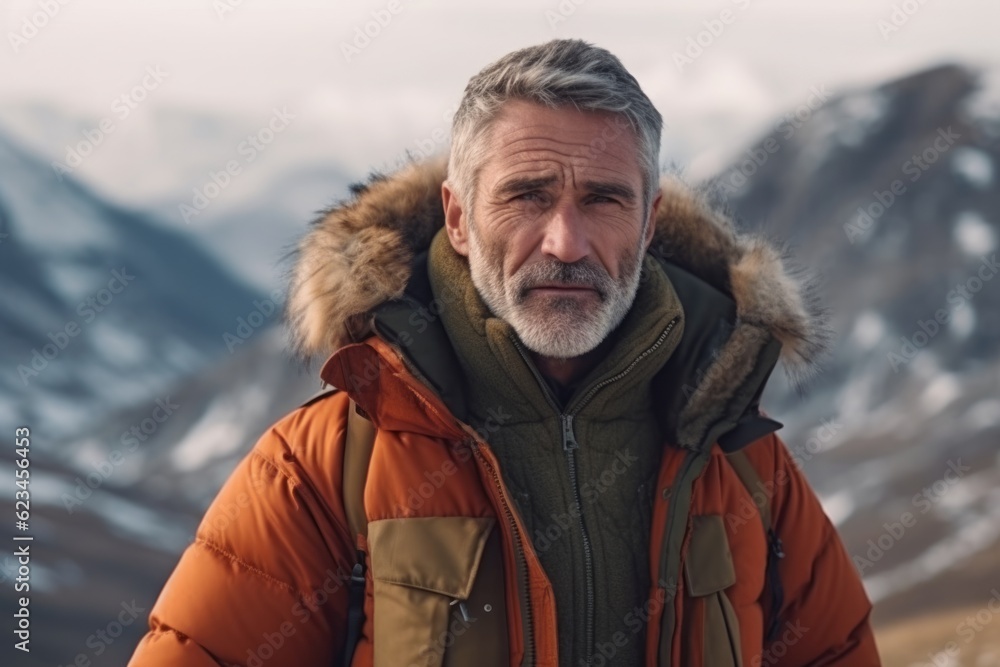 Photography in the style of pensive portraiture of a satisfied mature man wearing a warm parka against a mountain range background. With generative AI technology