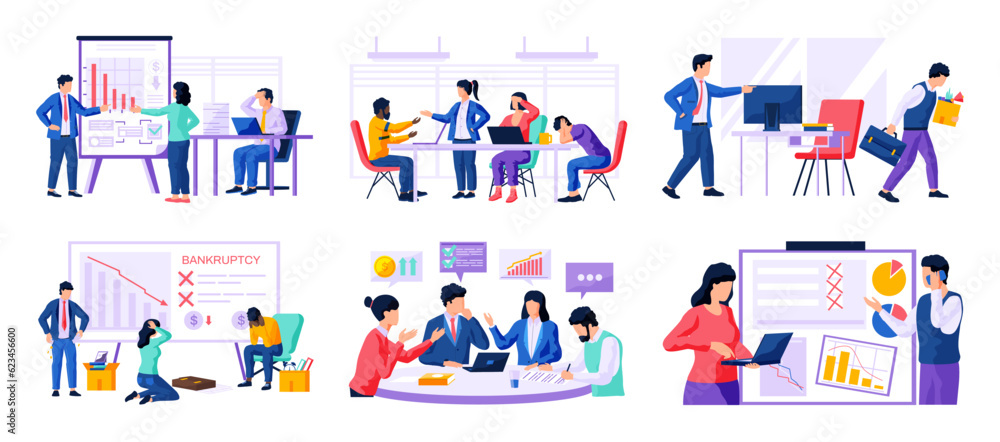 Business people working together and solving problem vector illustration. Brainstorming and decision making, problem solving and discussion, teamwork and thinking concept. Bankruptcy and trouble