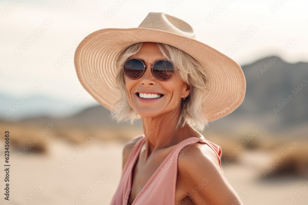 Lifestyle portrait photography of a tender mature woman wearing a trendy bikini and straw hat against a desert landscape background. With generative AI technology