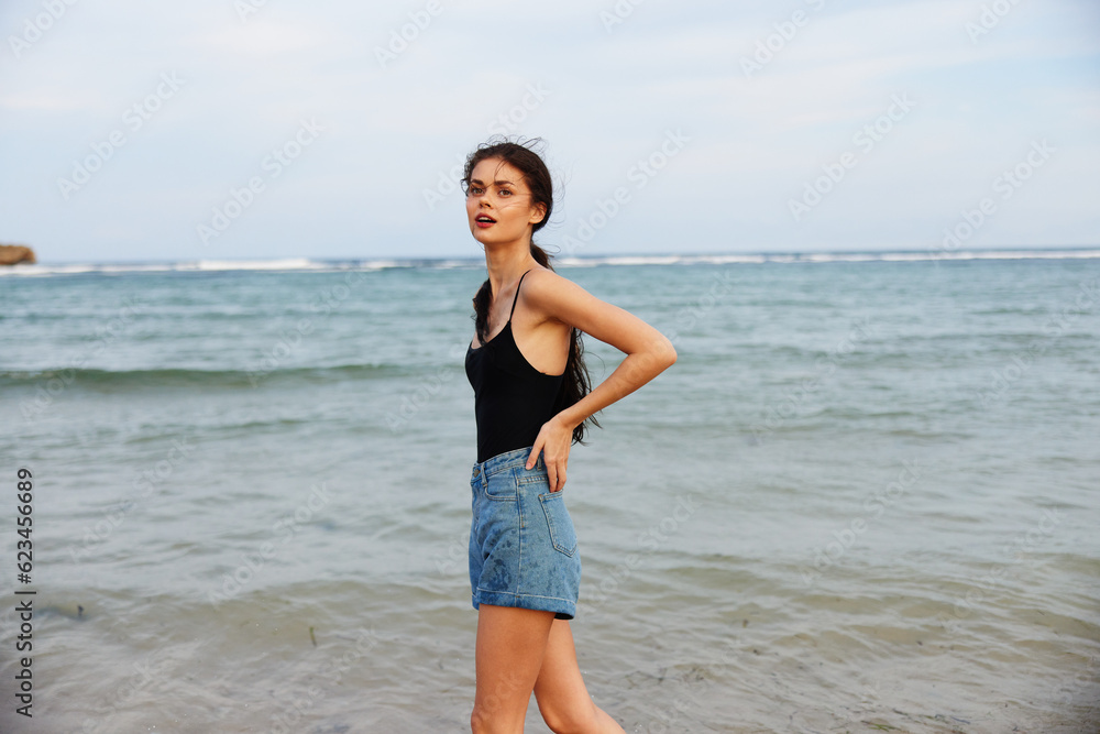 woman smile sunset sand summer peaceful ocean sea vacation lifestyle beach woman smile sunset sand summer peaceful ocean sea vacation lifestyle beach