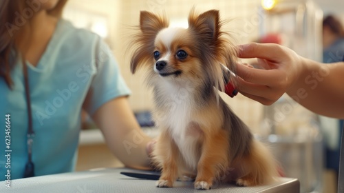 Professional groomer gives cute little dog trendy haircut at zoo salon. Dog grooming. ai generative