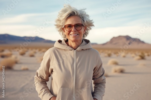Lifestyle portrait photography of a satisfied mature woman wearing a comfortable tracksuit against a desert landscape background. With generative AI technology