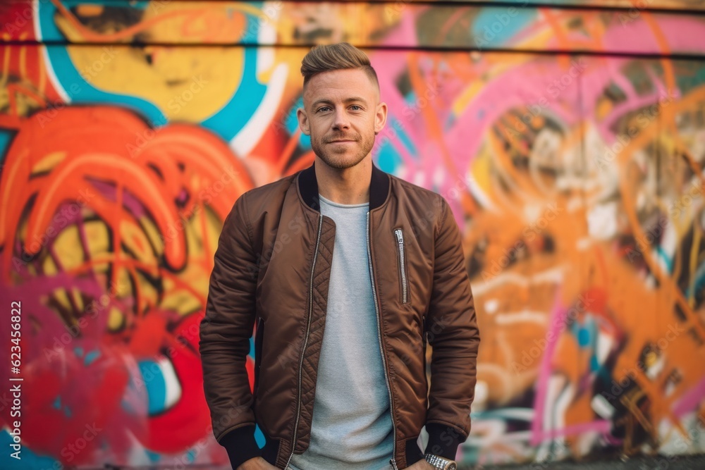 Lifestyle portrait photography of a satisfied boy in his 30s wearing a sleek bomber jacket against a colorful graffiti wall background. With generative AI technology Lifestyle portrait photography of a satisfied boy in his 30s wearing a sleek bomber jacket against a colorful graffiti wall background. With generative AI technology