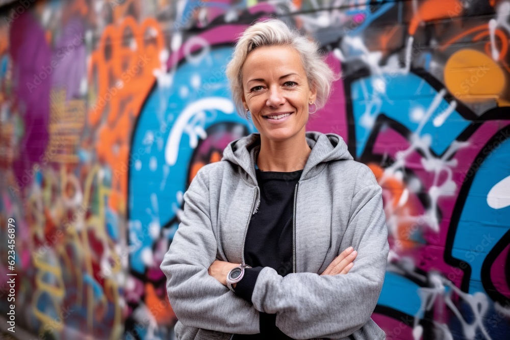 Three-quarter studio portrait photography of a tender mature girl wearing a comfortable tracksuit against a colorful graffiti wall background. With generative AI technology