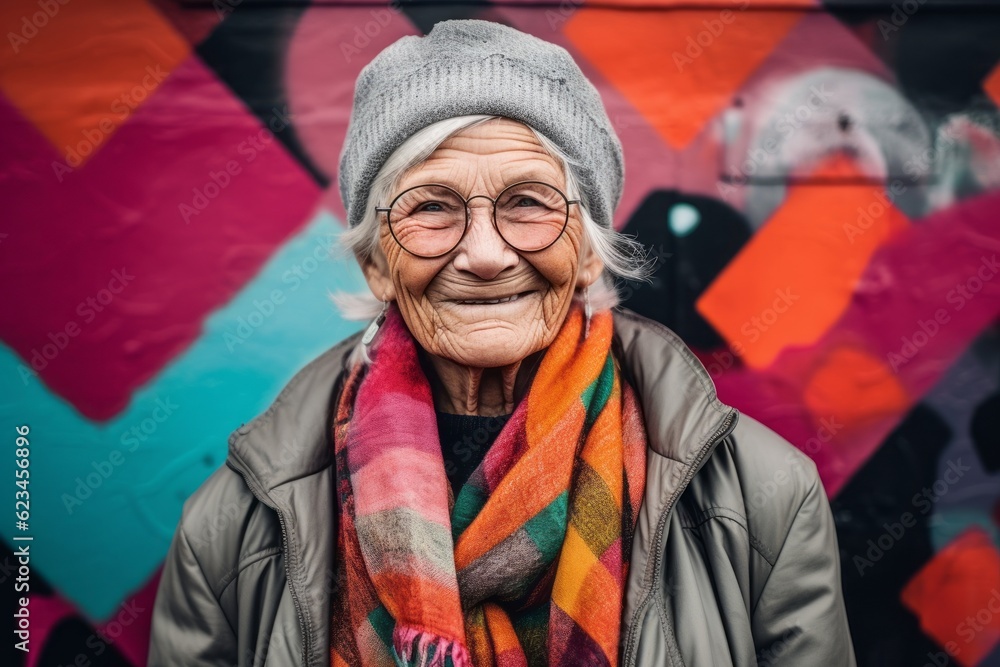 Close-up portrait photography of a satisfied old woman wearing a durable parka against a colorful graffiti wall background. With generative AI technology Close-up portrait photography of a satisfied old woman wearing a durable parka against a colorful graffiti wall background. With generative AI technology