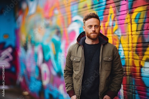 Lifestyle portrait photography of a glad boy in his 30s wearing a comfortable hoodie against a colorful graffiti wall background. With generative AI technology