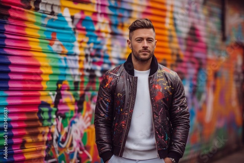 Lifestyle portrait photography of a satisfied boy in his 30s wearing a sleek bomber jacket against a colorful graffiti wall background. With generative AI technology