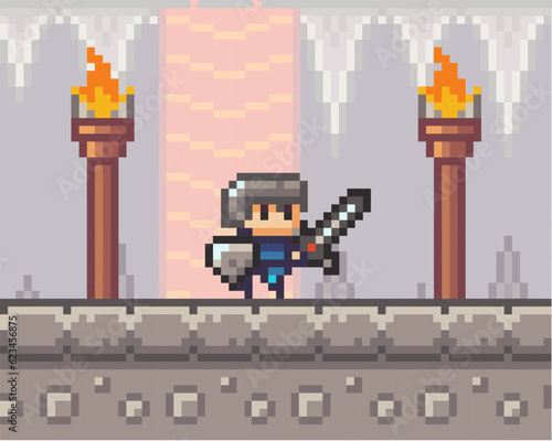 Pixel art style, character in game arcade play. Man with sharp sword and shield going in the hallway of castle, retro gaming mode. Game scene concrete platform with fire torch in underground cave