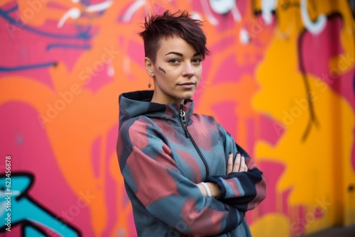 Three-quarter studio portrait photography of a tender mature girl wearing a comfortable tracksuit against a colorful graffiti wall background. With generative AI technology