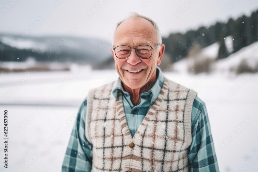 Medium shot portrait photography of a grinning old man wearing a classy button-up shirt against a snowy landscape background. With generative AI technology Medium shot portrait photography of a grinning old man wearing a classy button-up shirt against a snowy landscape background. With generative AI technology